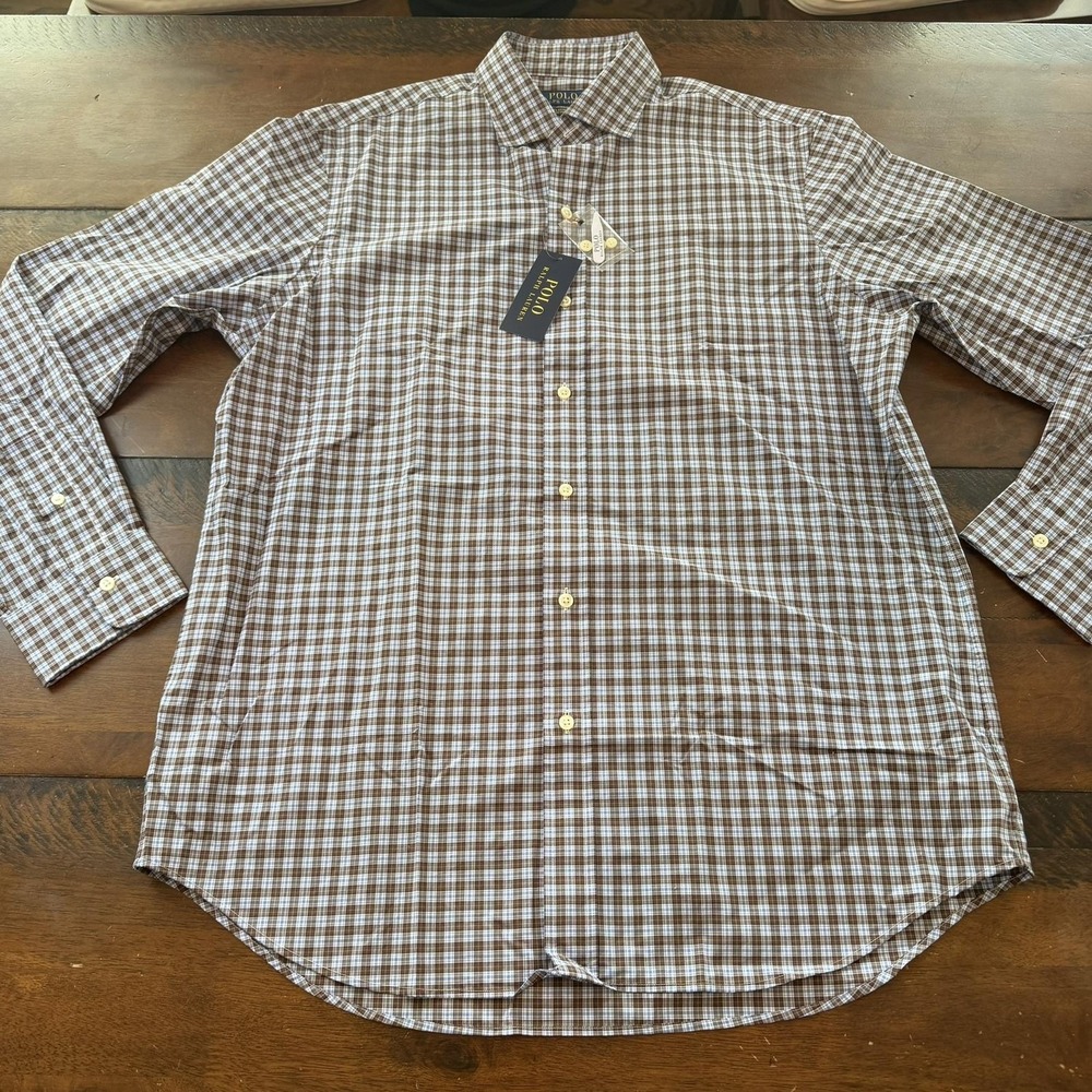 Polo Ralph Lauren Shirt Mens Large Brown Plaid Classic Fit Cotton Stretch Long - Picture 4 of 7